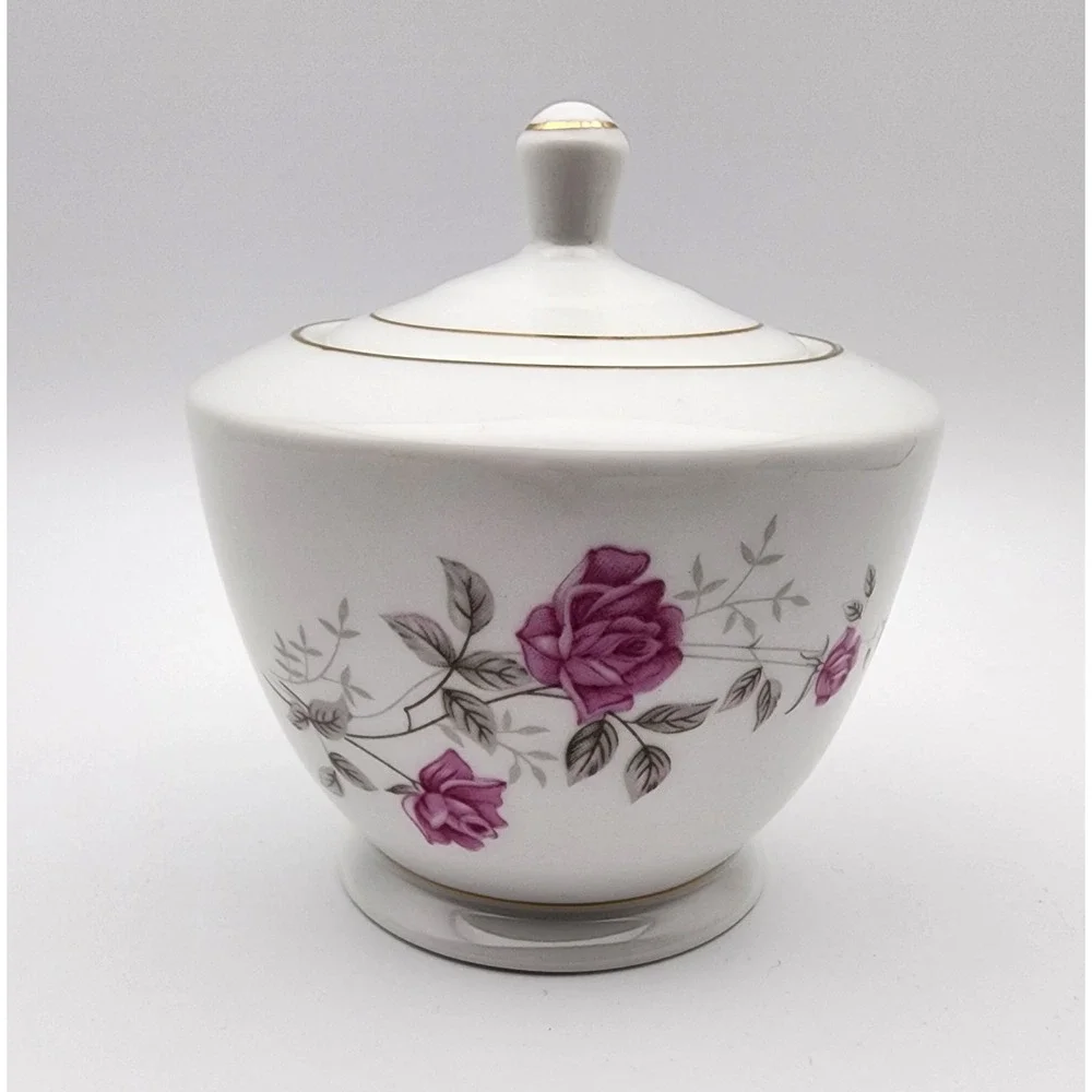Vintage Tangshan Fine China Sugar‎ Bowl White W/ Pink Roses